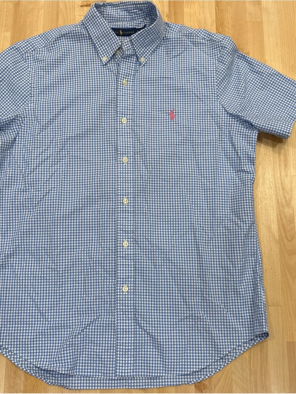 Ralph Lauren Shirt Mens Medium Blue Gingham Plaid Pink Pony Button Front Preppy